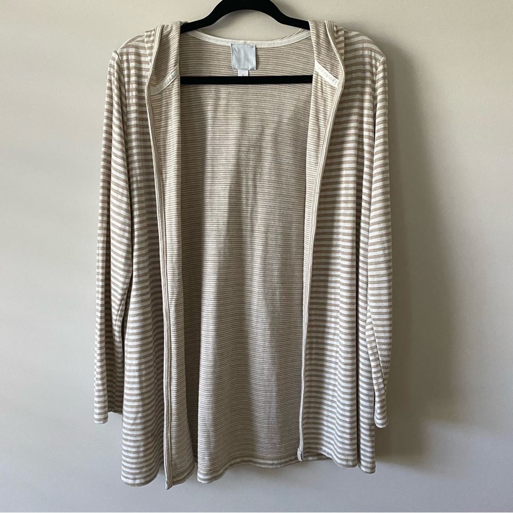 Sunday Beige White Striped Hooded Open Front Cardigan Duster size L